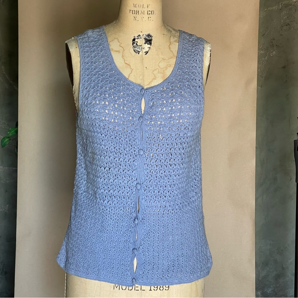 villager Light Blue Crochet Button-Front Tank
